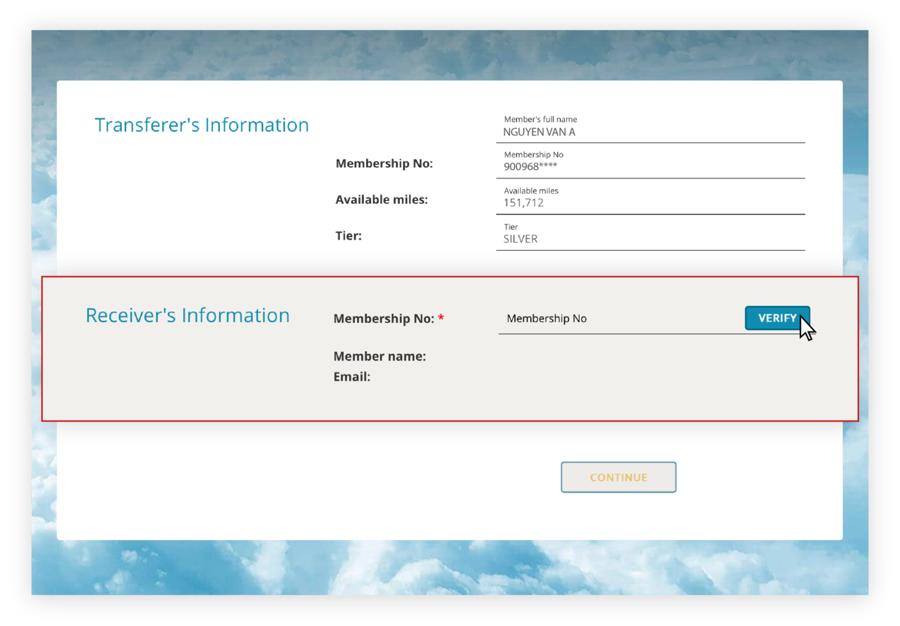 Instructions for transferring bonus miles on the website 4.